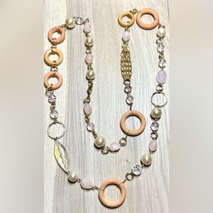 Vintage Gold Tone Long Chain Link Circle, Quartz, And Pearl Statement Necklace